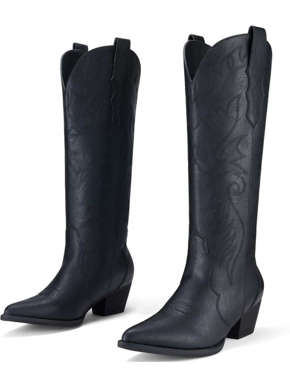 Women's Black Pointy Toe Western Cowboy Cowgirl Embroidered Knee High Boot